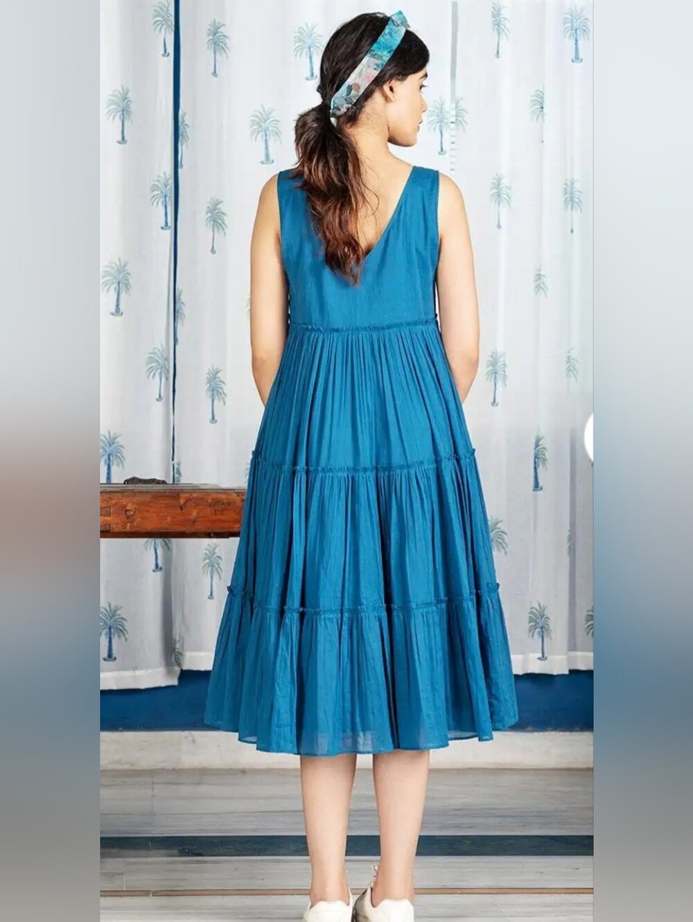 Blue Floral Embroidered A-Line Midi Dress Sleeveless V-Neck Flared Rayon Cotton - Picture 2 of 4